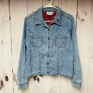 Christopher & Banks Jacket Medium Blue Denim Floral Embroidered Button Front